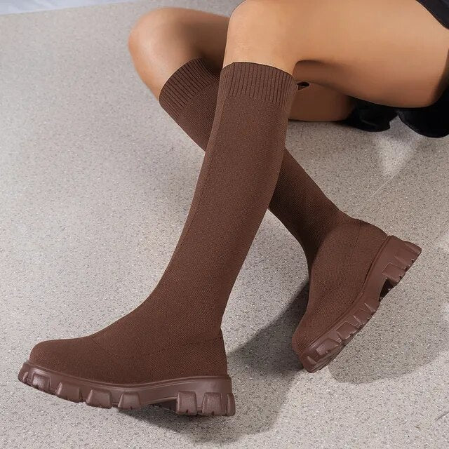 Street-wave Knee-High Knit Sock Boots With Stretch Comfort For Women Trendy Warm Winter Fashion