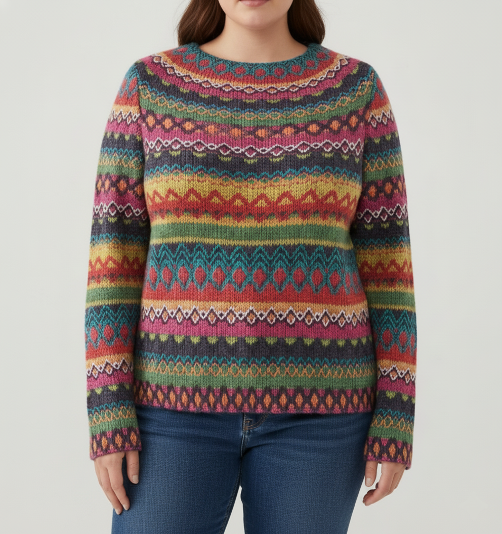 Street Wave Plus Size Multicolor Striped Knit Pullover for Women Cozy Crew Neck Sweater