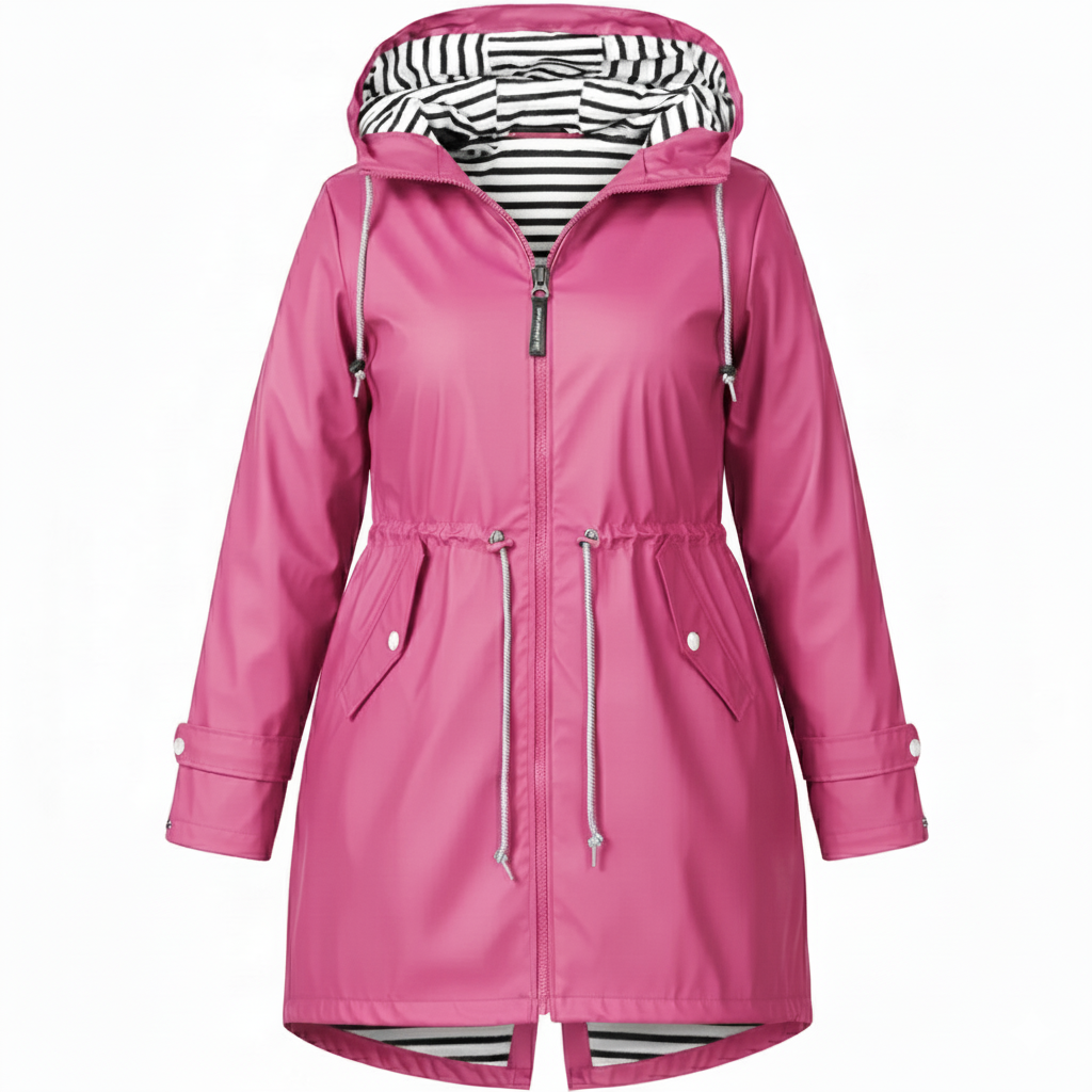 Street-wave Plus Size Waterproof Rain Jacket Hooded with Adjustable Drawstring Waist for Curvy Women Urban Style