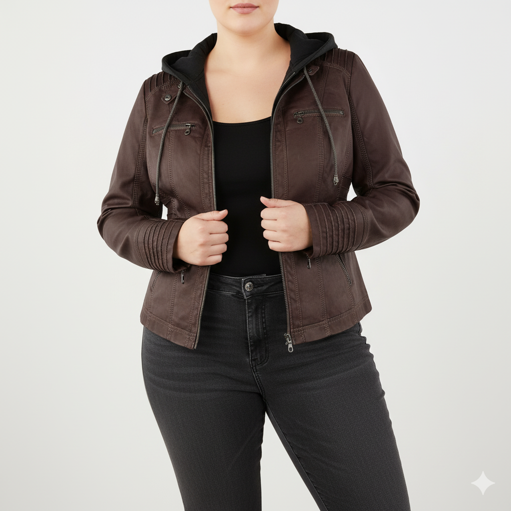 Street-Wave Plus-Size Hooded Faux Leather Biker Jacket for Women, Curve-Flattering Fit