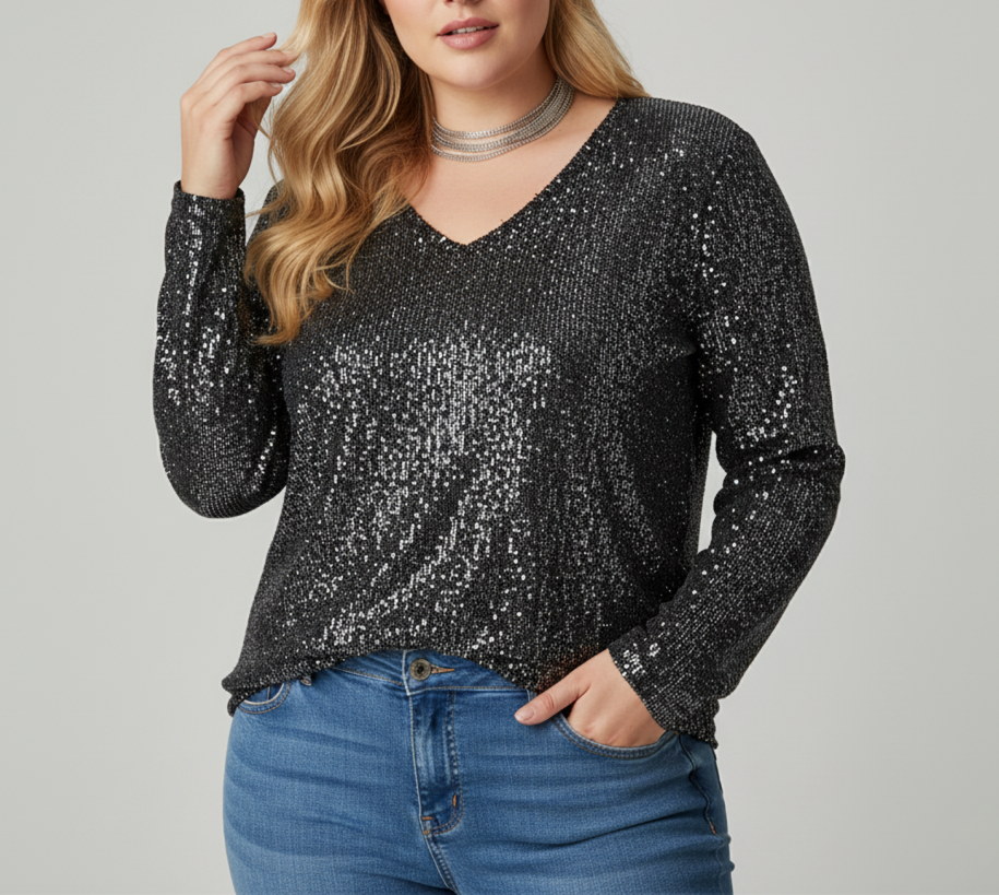 Street-Wave Plus Size Sequin V-Neck Top For Glam Party Nights And Elegant Evening Wear