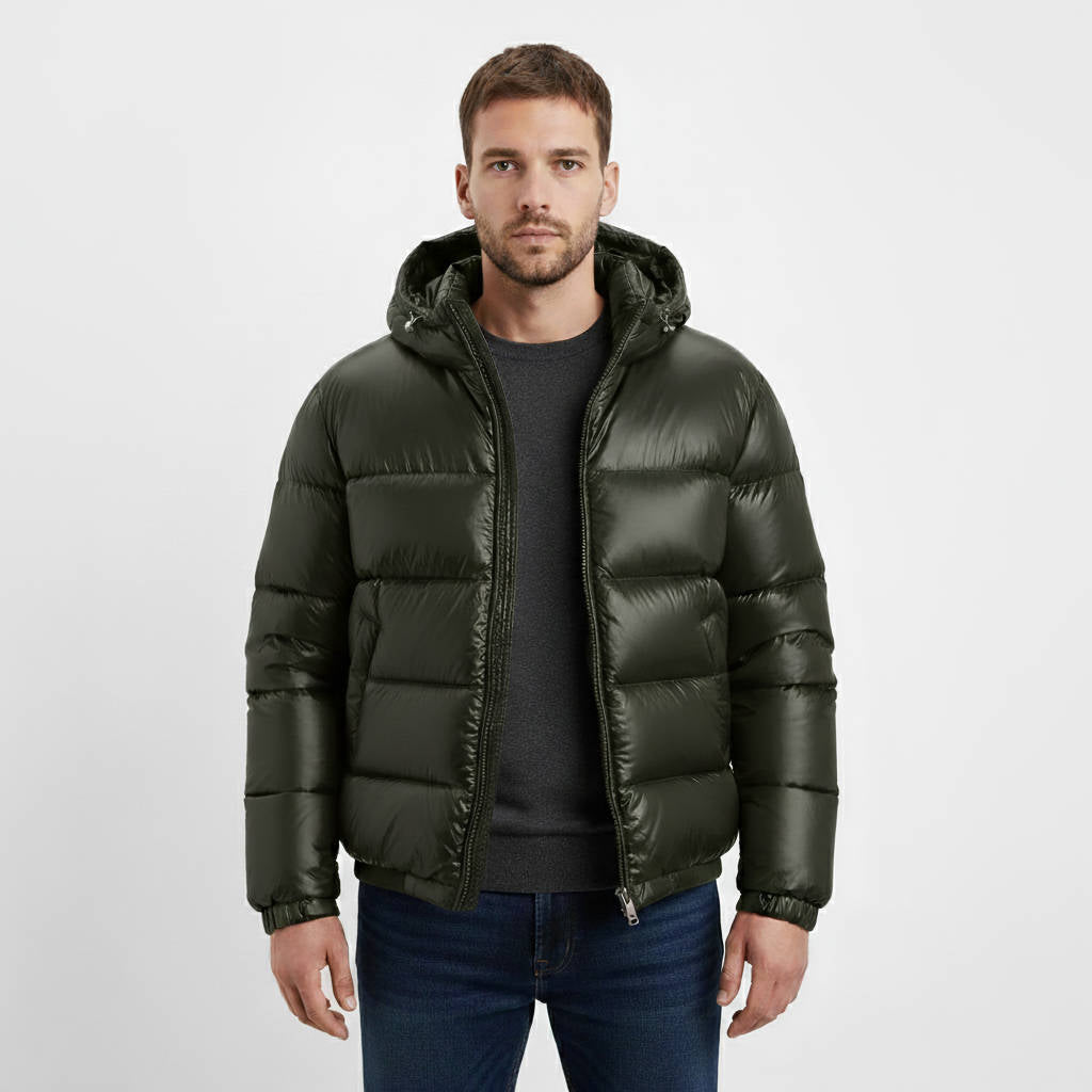 Mens Glossy Puffer Jacket With Hood Insulated Winter Coat For Men Street-Wave Premium Lightweight