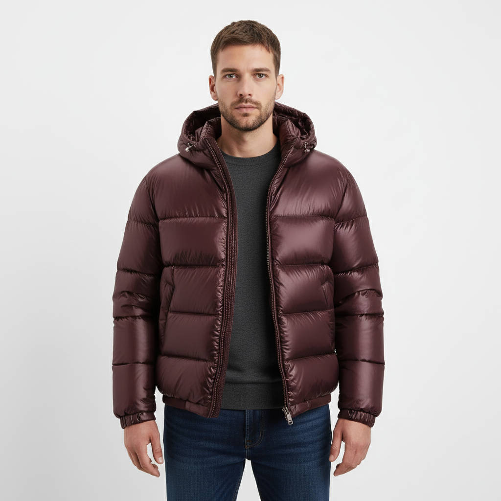 Mens Glossy Puffer Jacket With Hood Insulated Winter Coat For Men Street-Wave Premium Lightweight