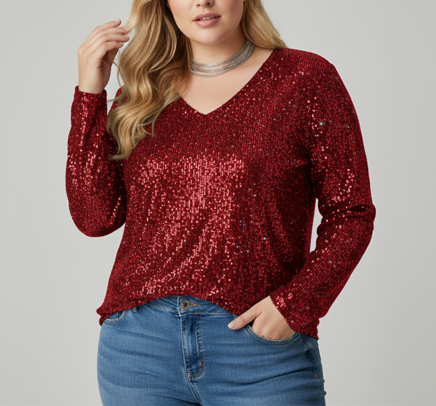Street-Wave Plus Size Sequin V-Neck Top For Glam Party Nights And Elegant Evening Wear
