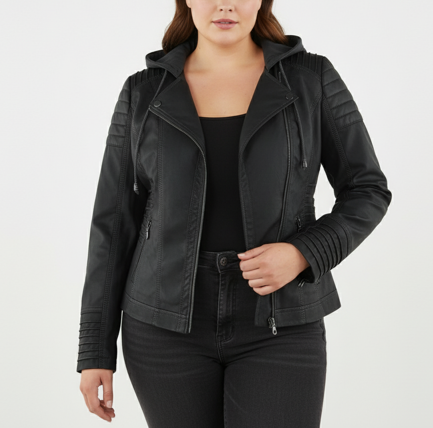 Street-Wave Plus-Size Hooded Faux Leather Biker Jacket for Women, Curve-Flattering Fit