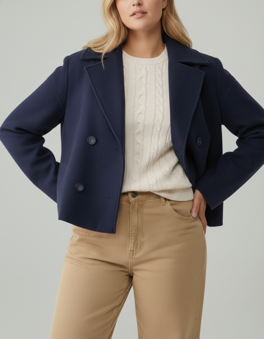 Street Wave Plus Size Wool Look Peacoat For Women Short Figure Flattering Fit Winter Coat