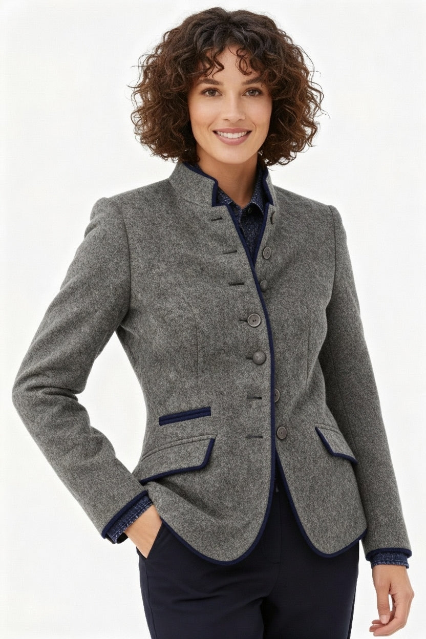 Street-wave Women's Wool Button Jacket With Colorblock Trim Versatile Classic Blazer