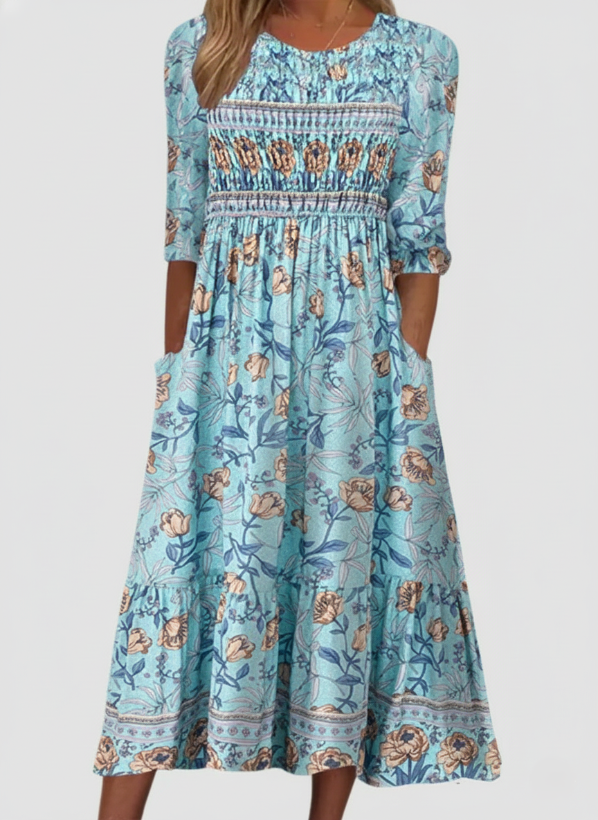 Dress for women – Midi length – Floral pattern – Smocked bodice – Puff sleeves – Pockets