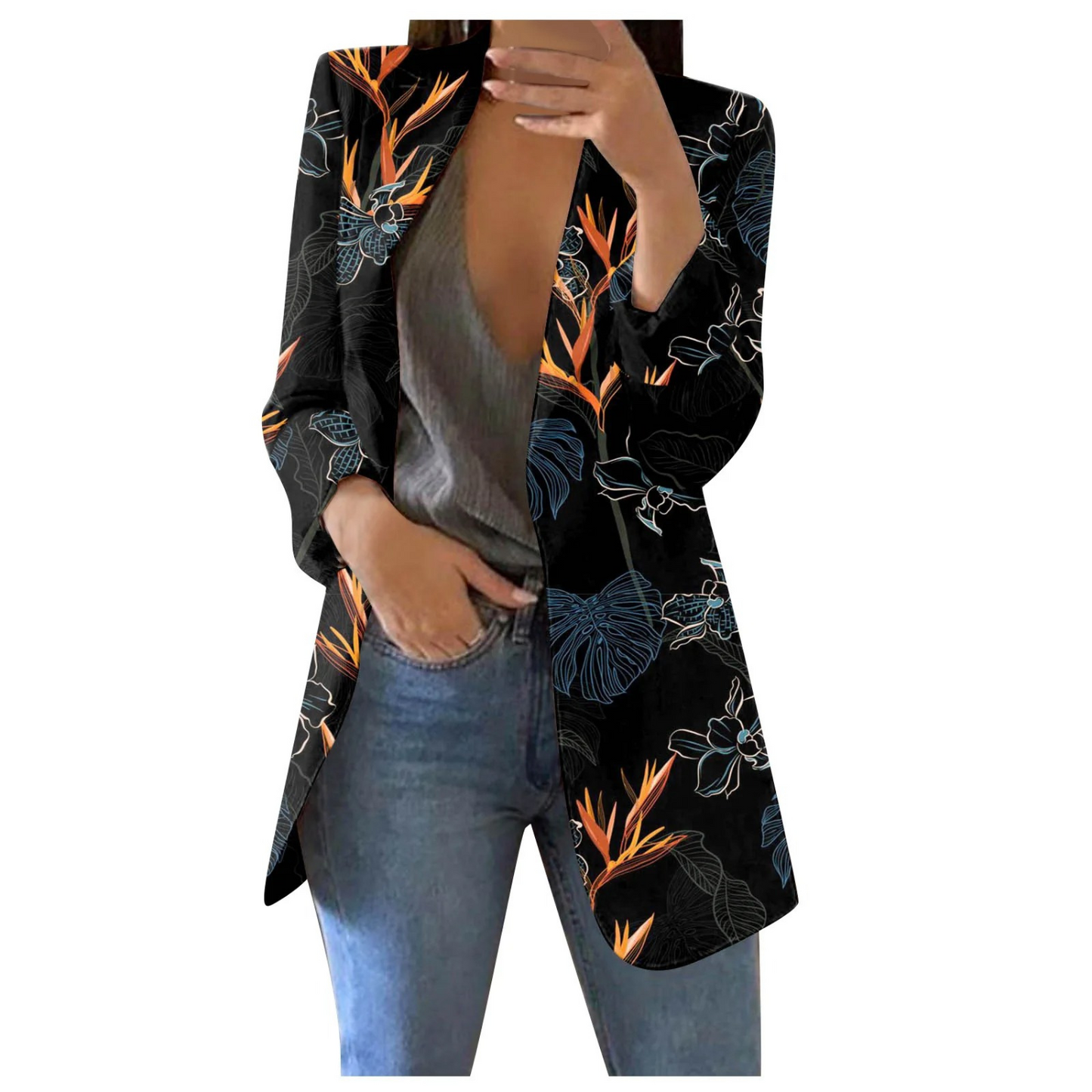Street-wave Floral Print Cropped Blazer For Women, Bold Blue Pattern, Versatile Chic