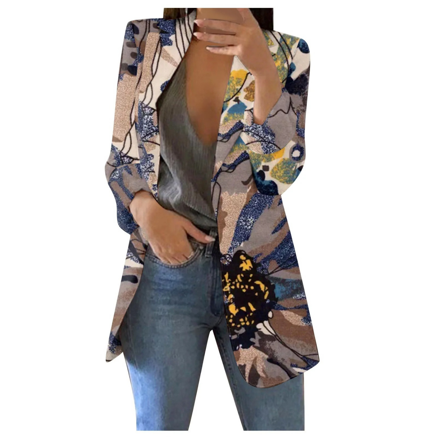 Street-wave Floral Print Cropped Blazer For Women, Bold Blue Pattern, Versatile Chic