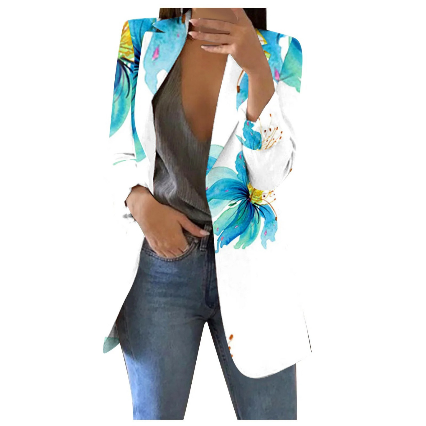 Street-wave Floral Print Cropped Blazer For Women, Bold Blue Pattern, Versatile Chic