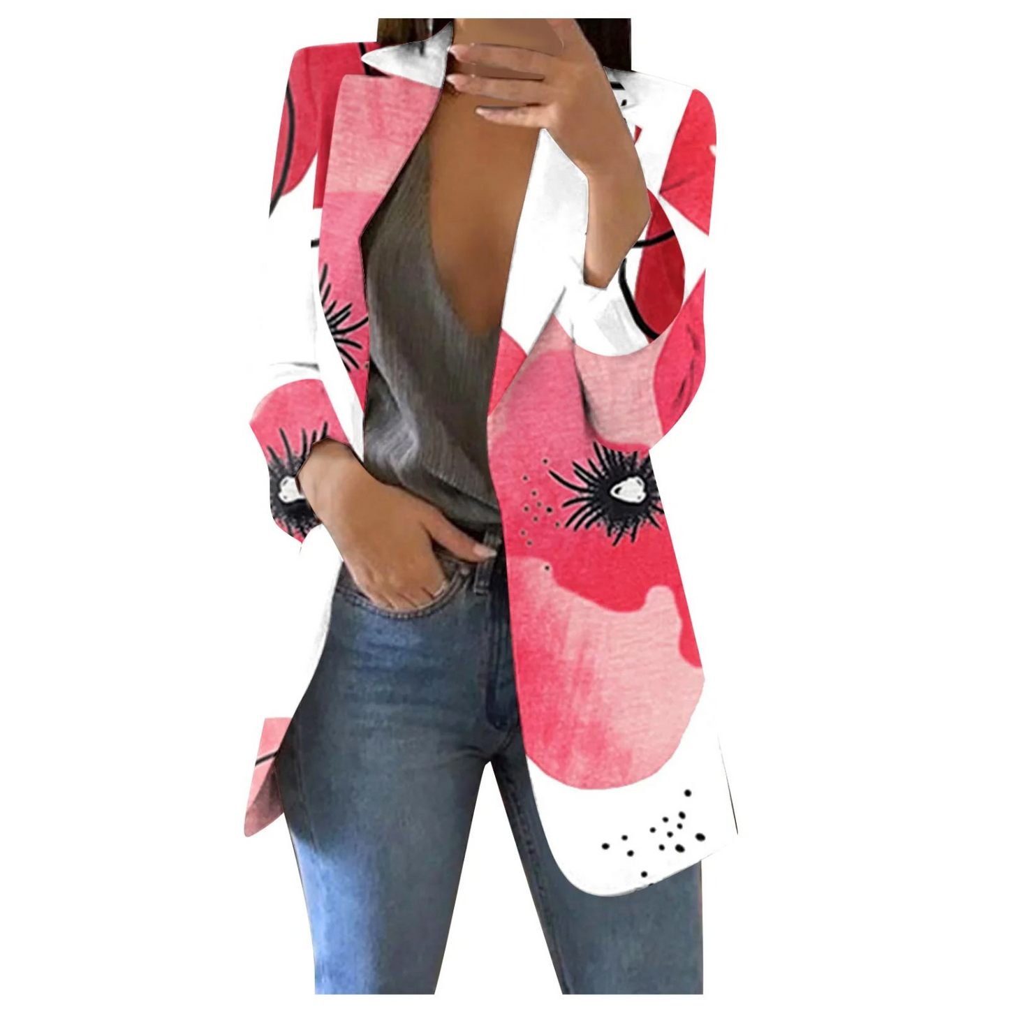 Street-wave Floral Print Cropped Blazer For Women, Bold Blue Pattern, Versatile Chic