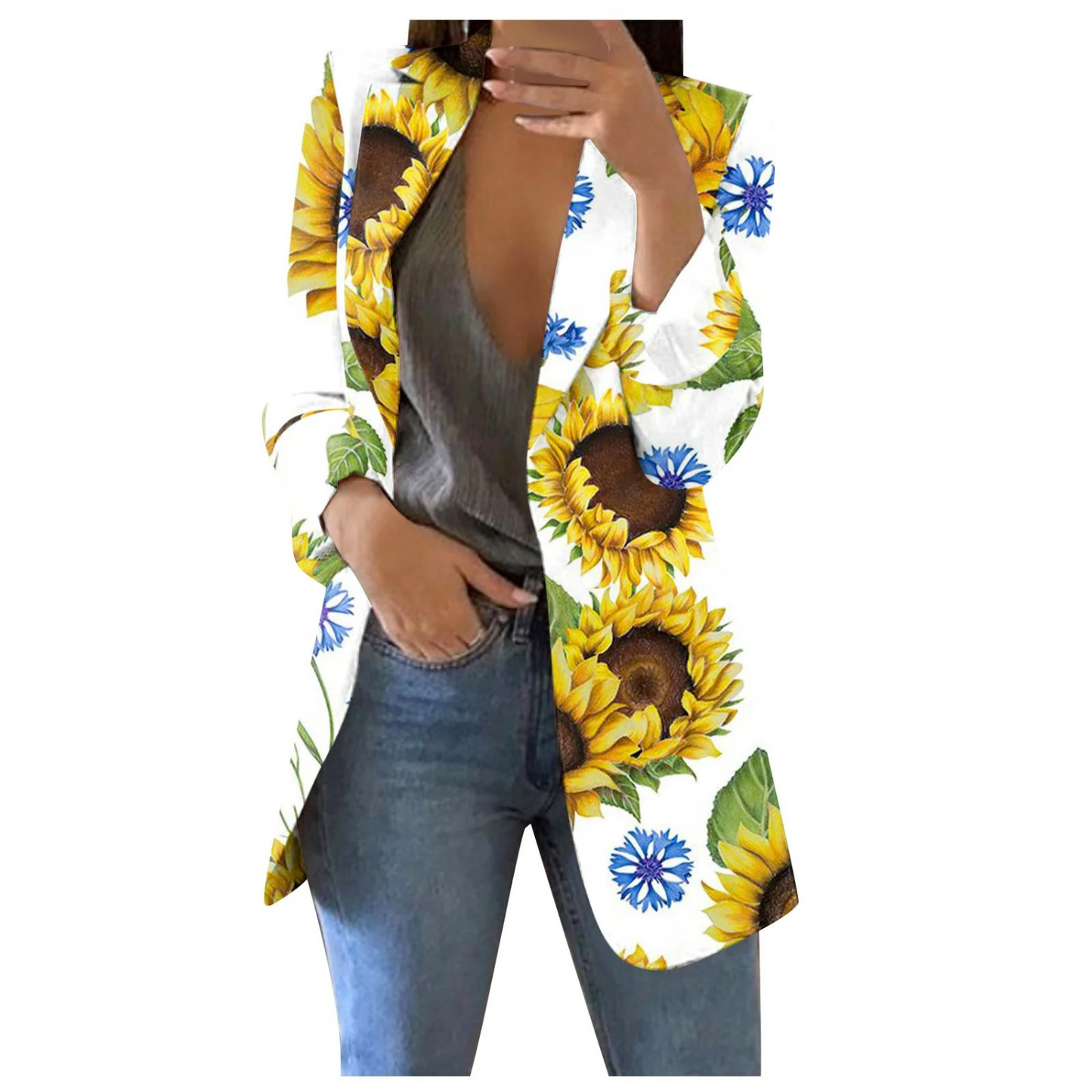 Street-wave Floral Print Cropped Blazer For Women, Bold Blue Pattern, Versatile Chic