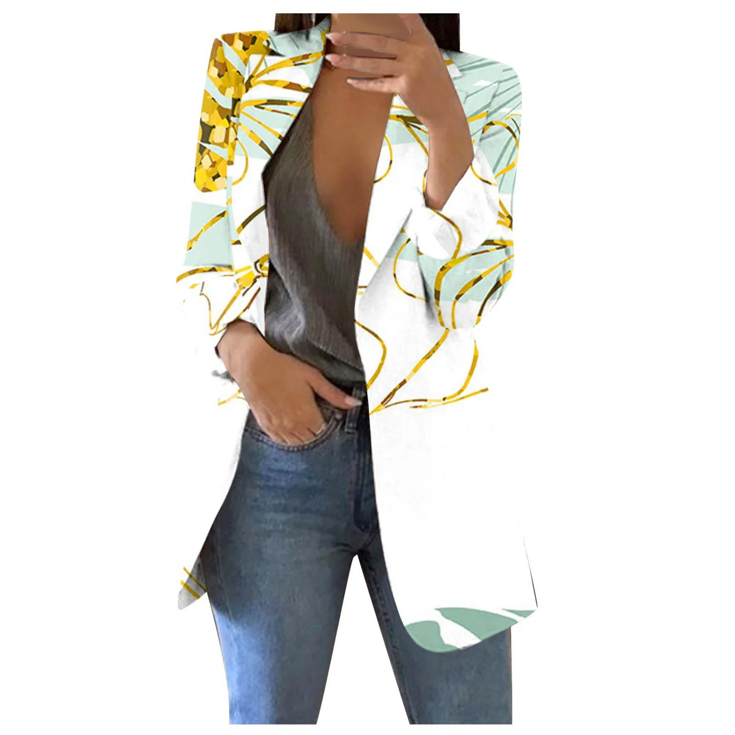 Street-wave Floral Print Cropped Blazer For Women, Bold Blue Pattern, Versatile Chic