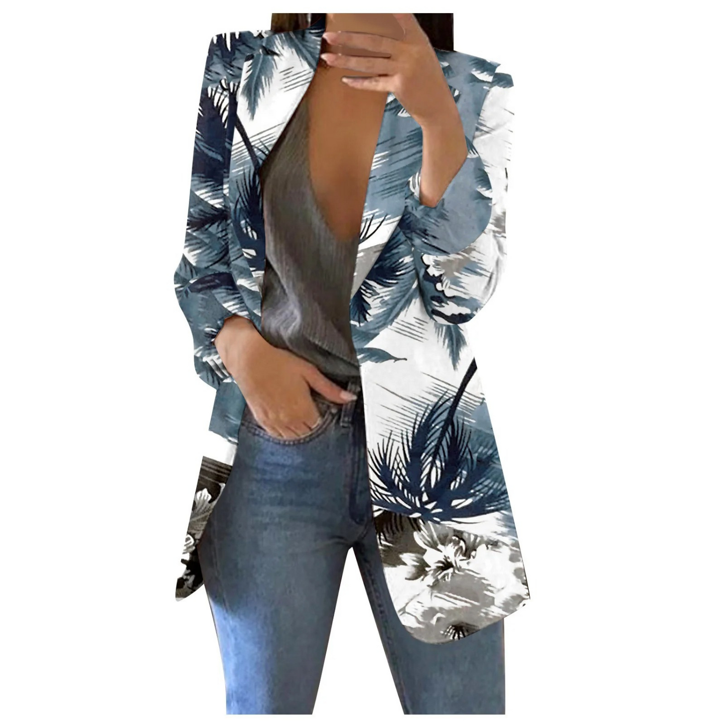 Street-wave Floral Print Cropped Blazer For Women, Bold Blue Pattern, Versatile Chic
