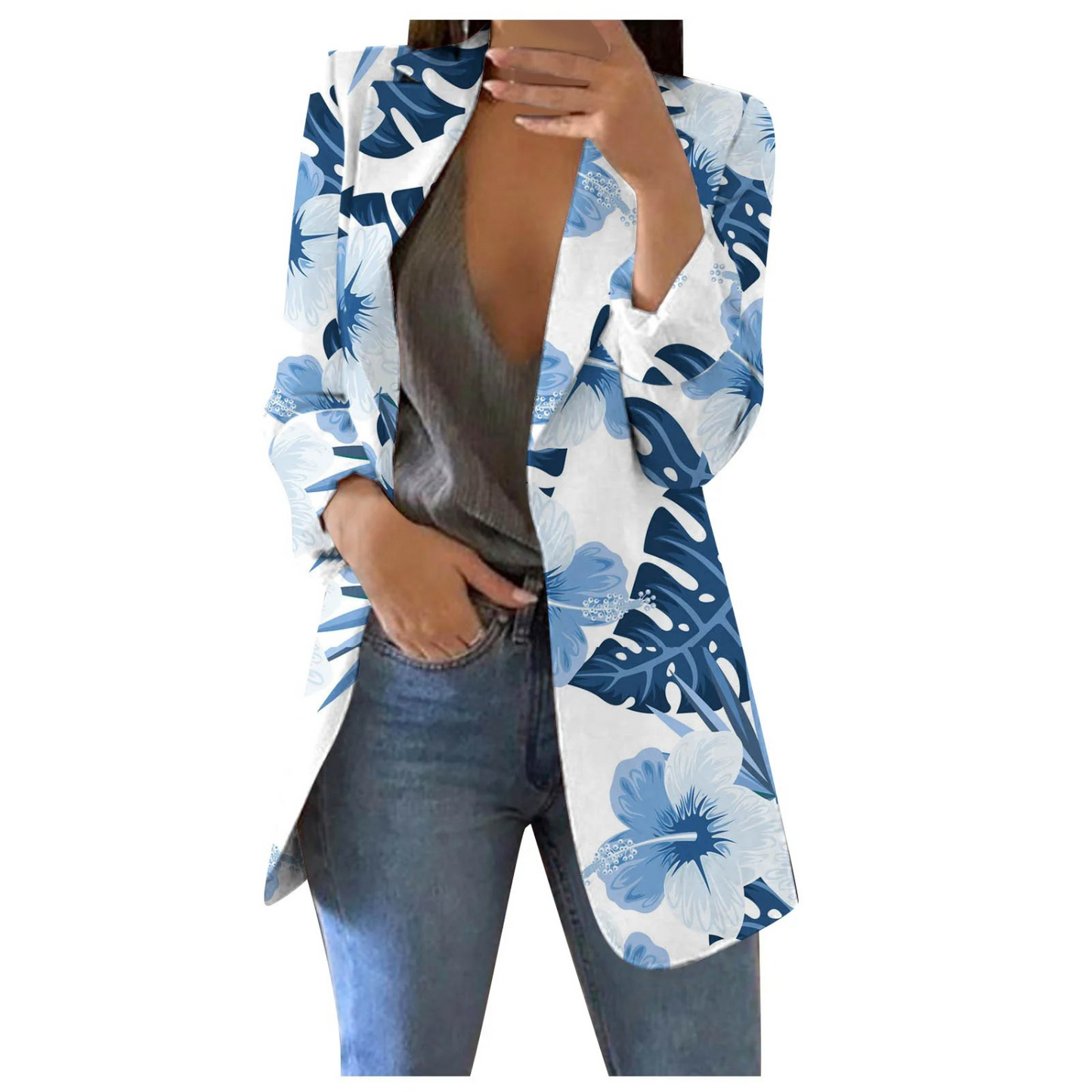 Street-wave Floral Print Cropped Blazer For Women, Bold Blue Pattern, Versatile Chic