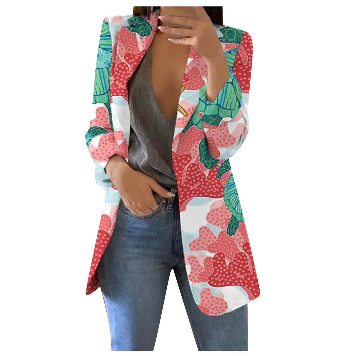 Street-wave Floral Print Cropped Blazer For Women, Bold Blue Pattern, Versatile Chic