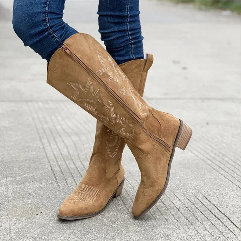 Streetwave Women Suede Embroidered Cowboy Boots Ankle Height Low Heel Western Chic