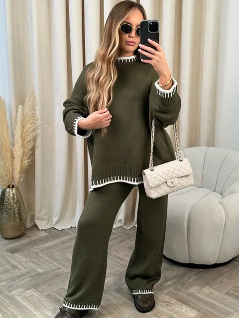 Street-Wave Winter Knit Set For Women Cozy Soft Knitwear With Modern Contrast Trim
