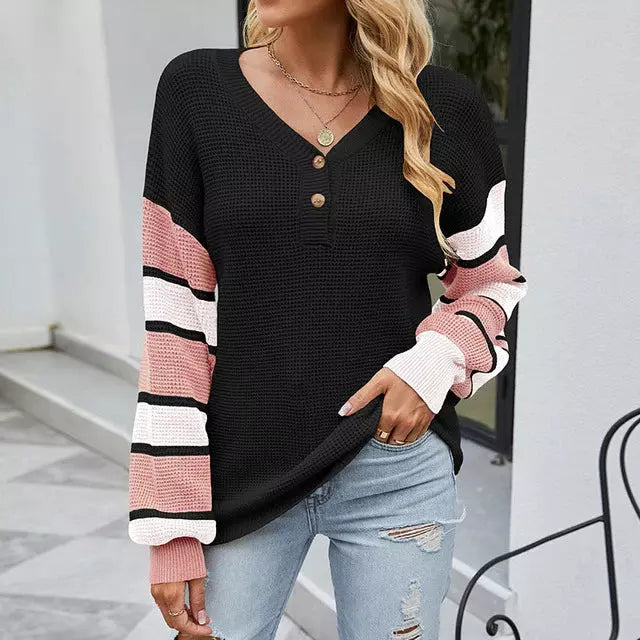 Street Wave Patchwork Knit Pullover With Button V Neck Cozy All Season For Women Trendy