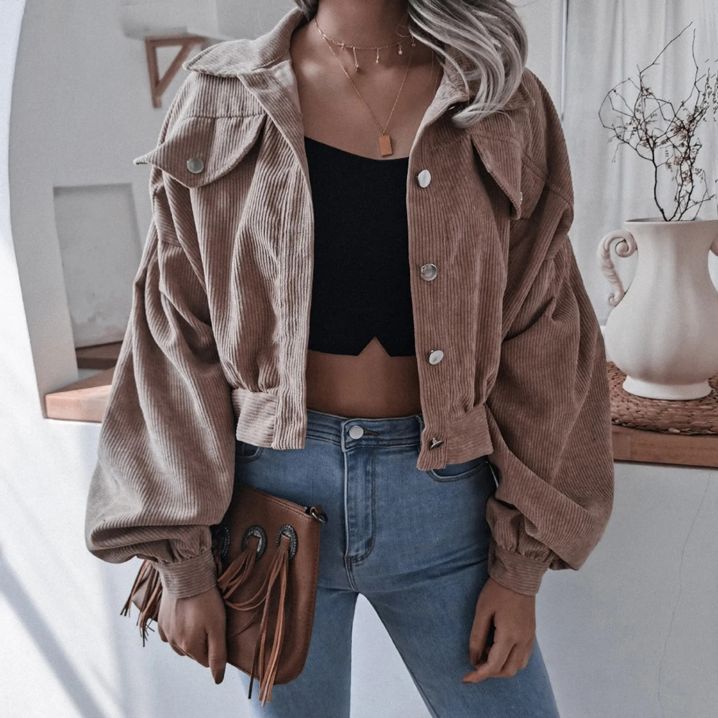 Corduroy Short Jacket Street Wave For Women Warm Cozy Outerwear With Trendy Fit Everyday Comfort