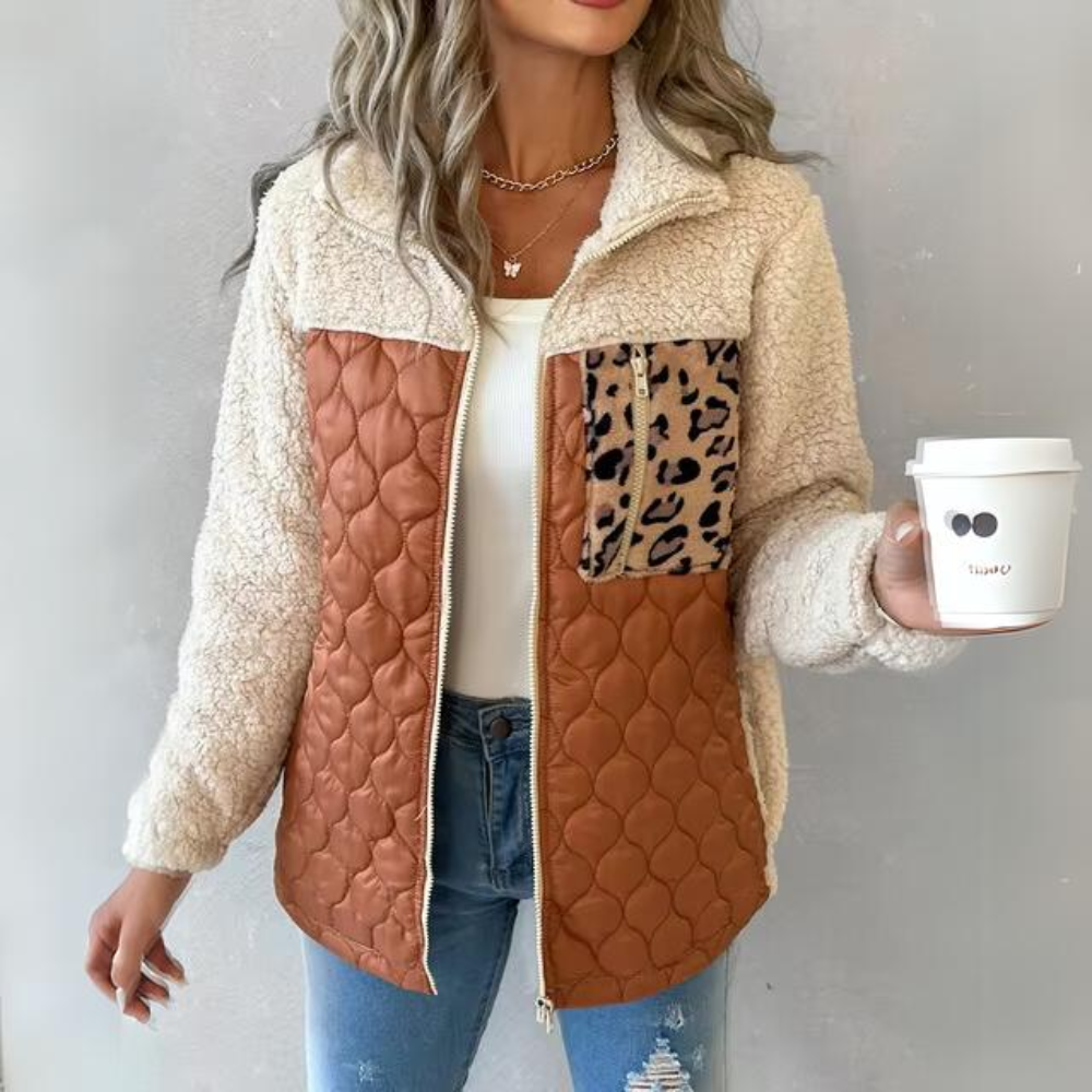 Street Wave Quilted Sherpa Jacket For Women Cozy Warmth And Effortless Style Olive Leopard Pocket