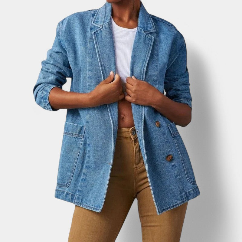 Street Wave Denim Blazer For Women With Long Sleeves And Pockets Effortless Chic Everyday