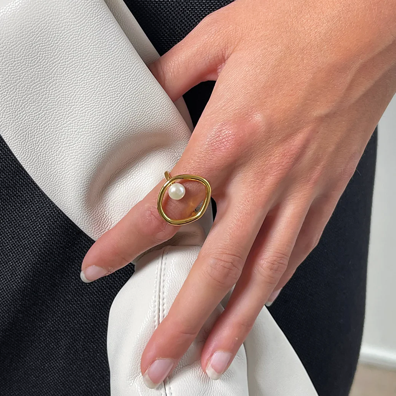 Women's Gold-Tone Open Circle Ring with Pearl Accent - Street-Wave