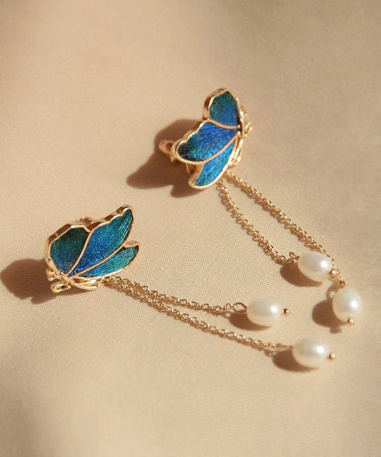 Boucles d'oreilles pendantes papillon à pampilles en perles et cuivre bleu dégradé - Street-Wave