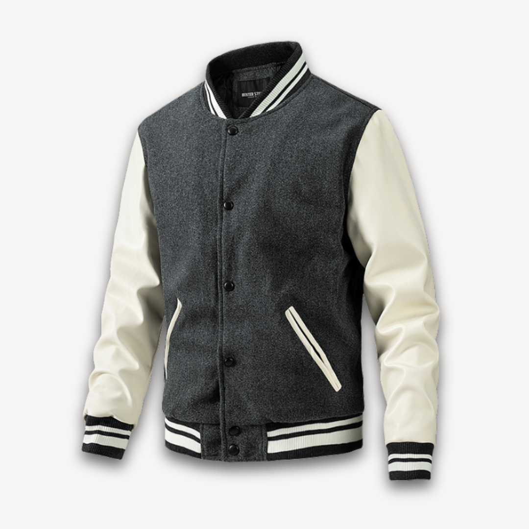 Men's Varsity Jacket Classic Fit With Wool Look Body And Leather Look Sleeves Snap Button Closure