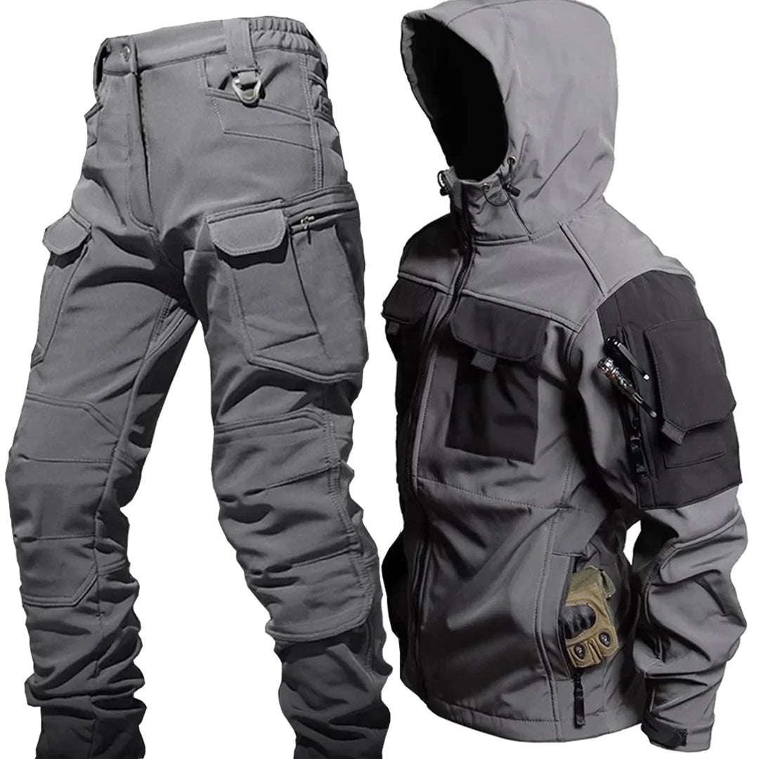 Streetwave Windproof Hooded Jacket And Cargo Pants Set For Outdoor Adventurers Sharkskin Tech