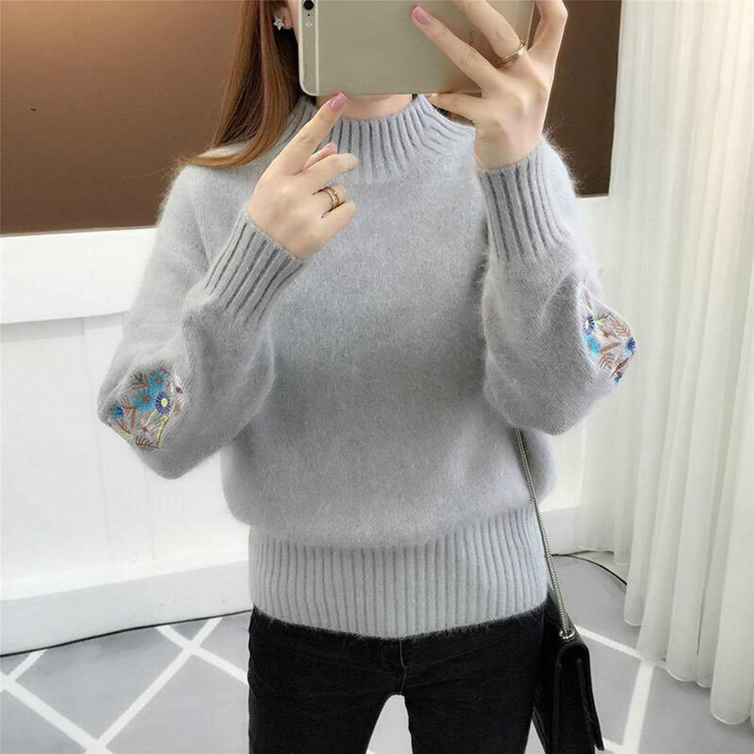 Street-Wave Floral Embroidered Cashmere Knit Pullover For Women Soft Cream Color Premium Handcrafted Sweater