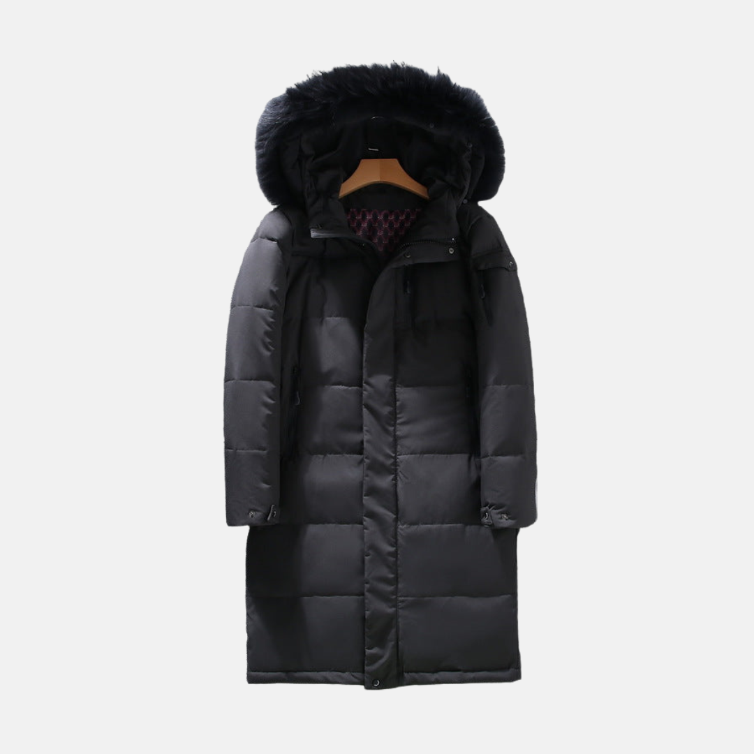 Men's Puffer Coat With Hood And Faux Fur Trim Longline Matte Exterior Winter Coat