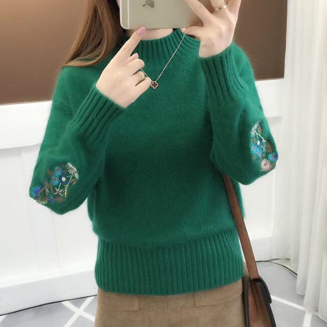 Street-Wave Floral Embroidered Cashmere Knit Pullover For Women Soft Cream Color Premium Handcrafted Sweater