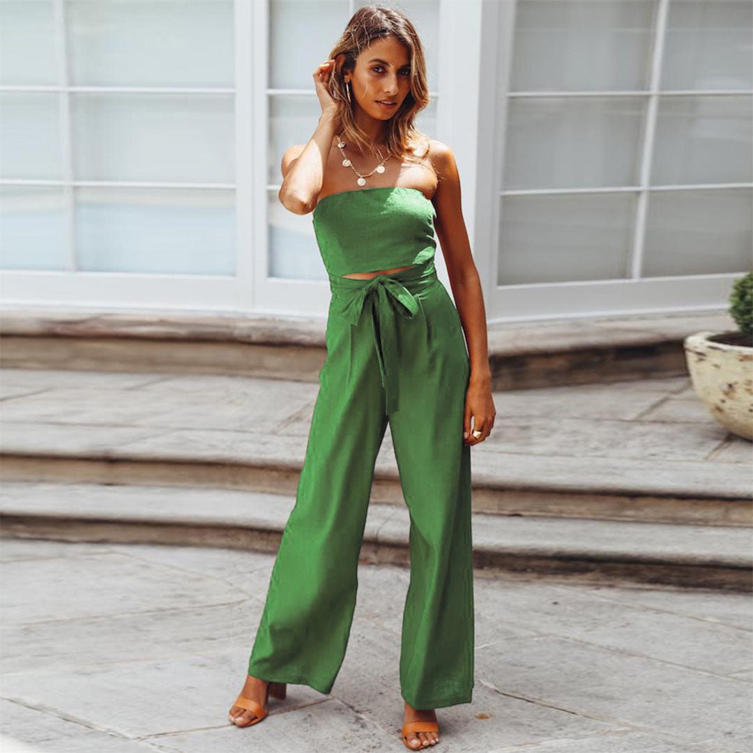 Women's Wide Leg Jumpsuit with Strapless Design and Tie Waist