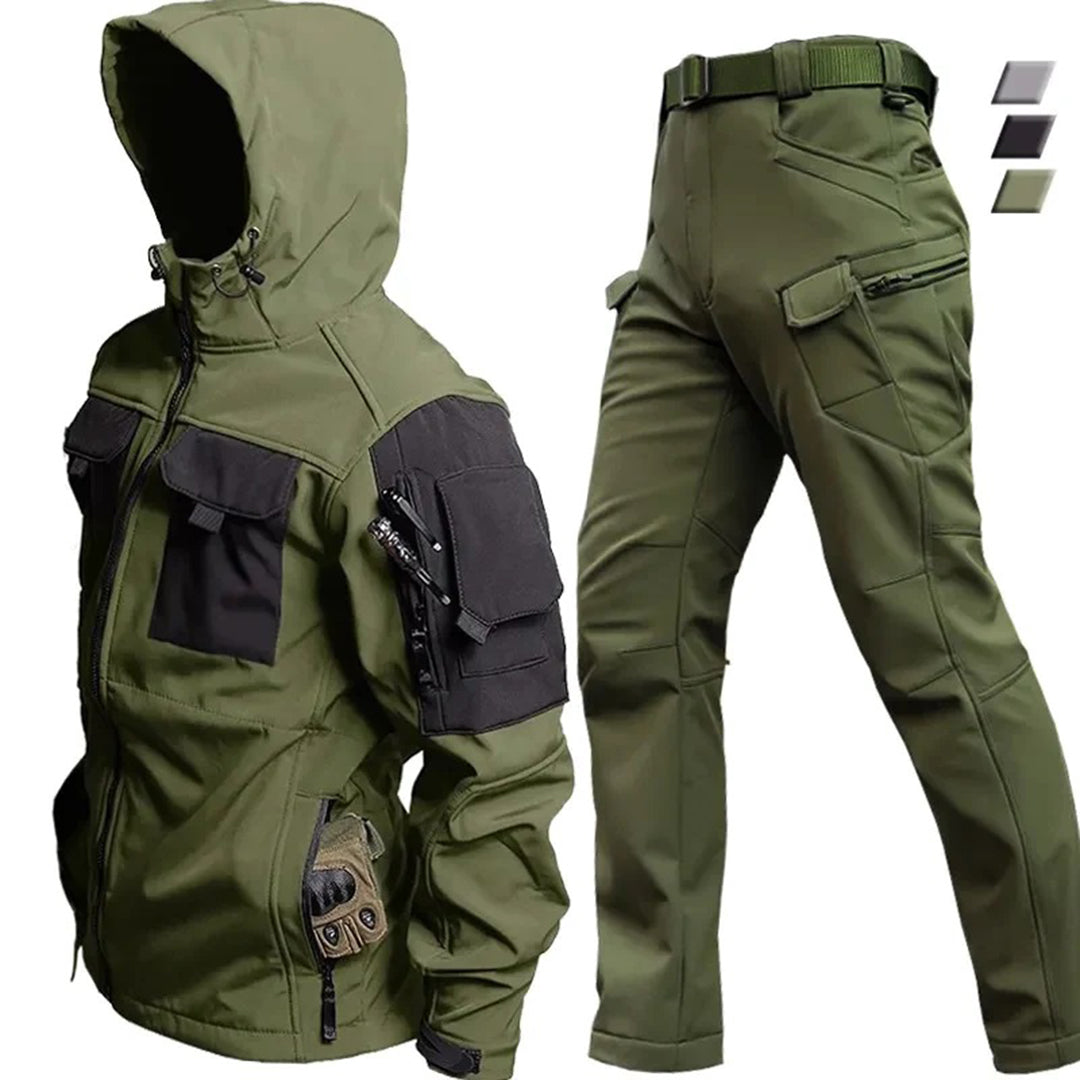 Streetwave Windproof Hooded Jacket And Cargo Pants Set For Outdoor Adventurers Sharkskin Tech