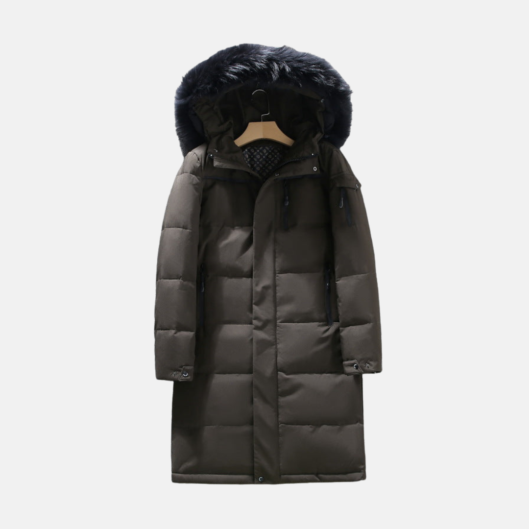 Men's Puffer Coat With Hood And Faux Fur Trim Longline Matte Exterior Winter Coat
