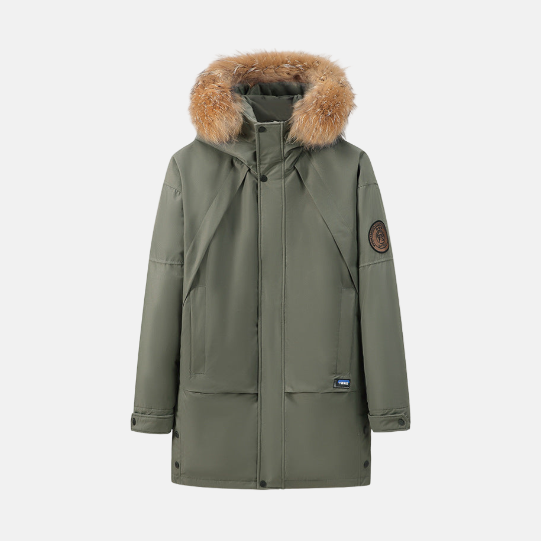 Men's Parka Hooded With Detachable Faux Fur Trim Mid-Thigh Length Smooth Woven Shell Coat