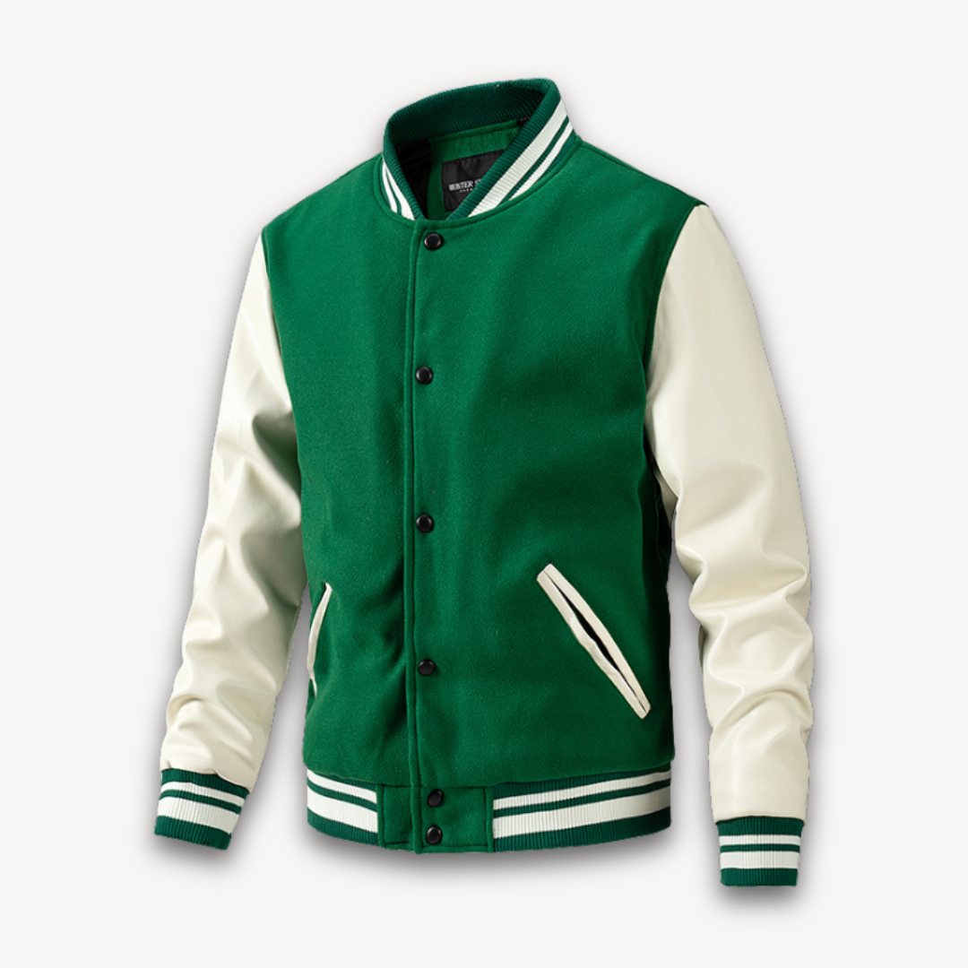 Men's Varsity Jacket Classic Fit With Wool Look Body And Leather Look Sleeves Snap Button Closure
