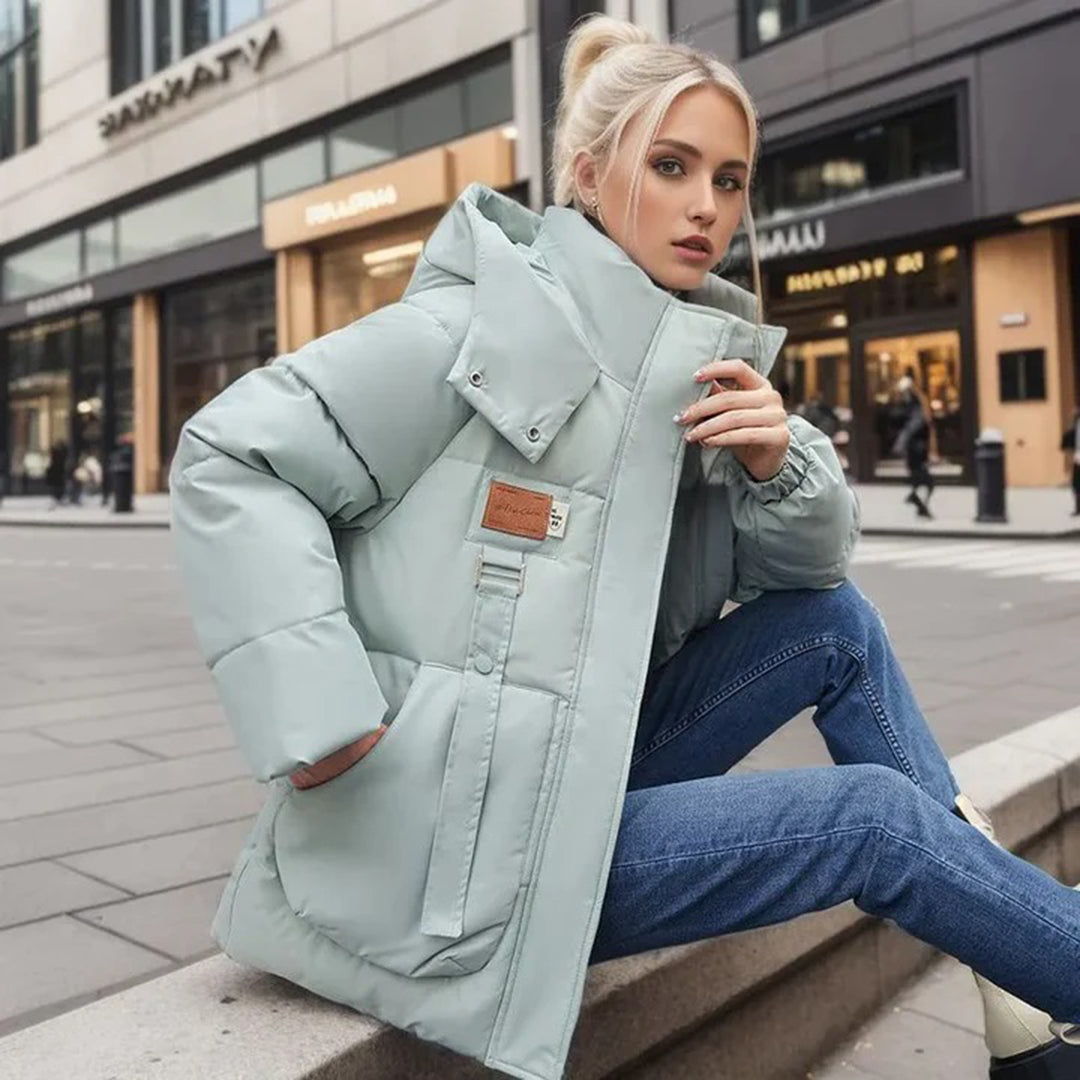 Street-wave Women's Thick Puffer Jacket With High Collar And Oversized Hood Zip And Buckle