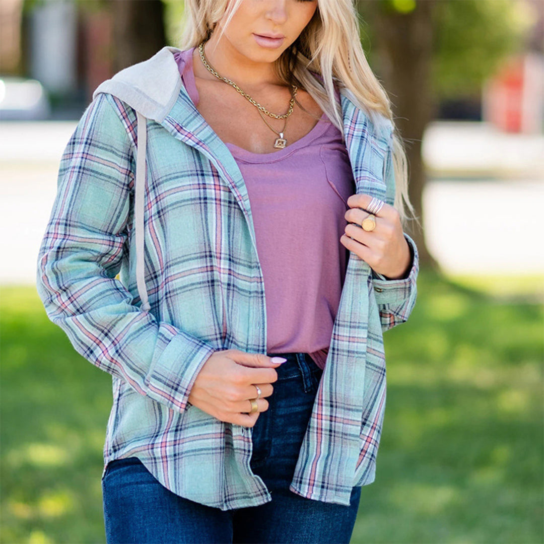Street-wave Women Hooded Plaid Shirt Jacket For Fall Cozy Casual Outerwear Everyday Wear