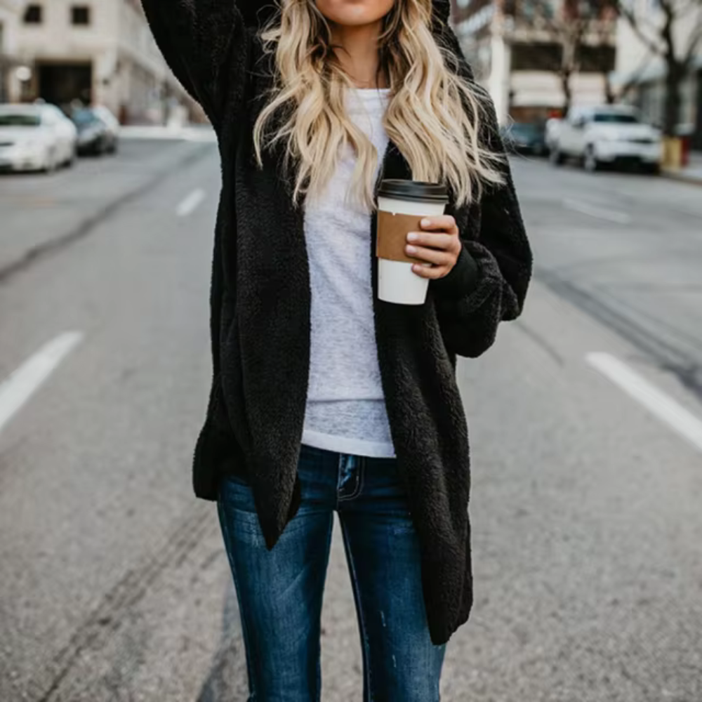 Street-Wave Cozy Plush Cardigan For Women With Relaxed Fit Soft Warmth Outerwear
