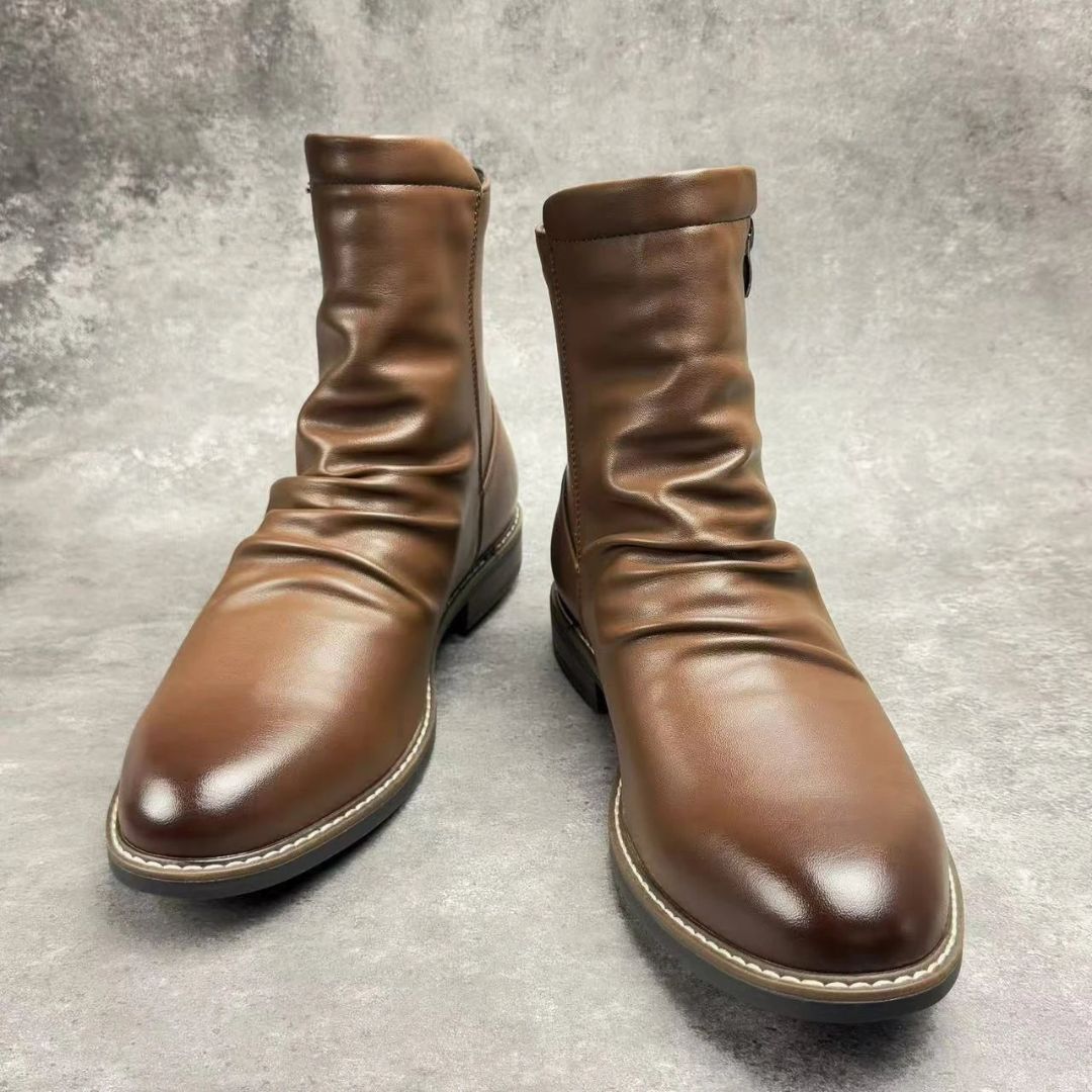 Griffin Ruched Leather Boots for Men With Side Zip Cushioned Insole and Low Heel Black