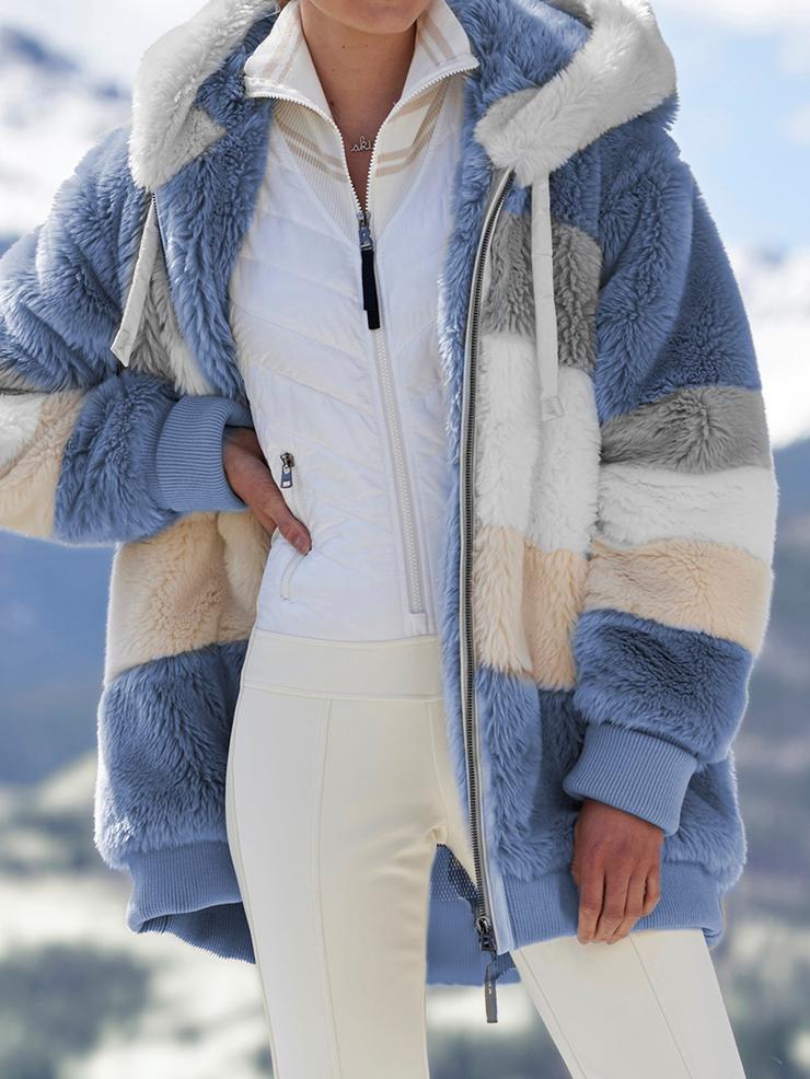 Street-wave Checkered Patchwork Plush Hooded Coat For Women Cashmere Blend Warmth