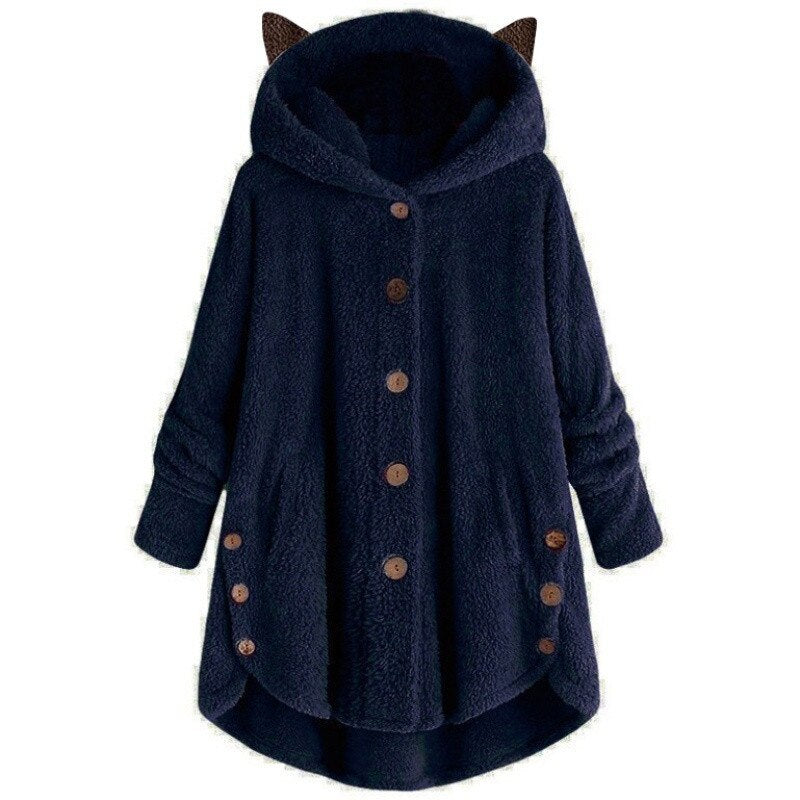 Street-Wave Cozy Plush Lined Hooded Coat For Women Warm Fleece Outerwear With Button Front