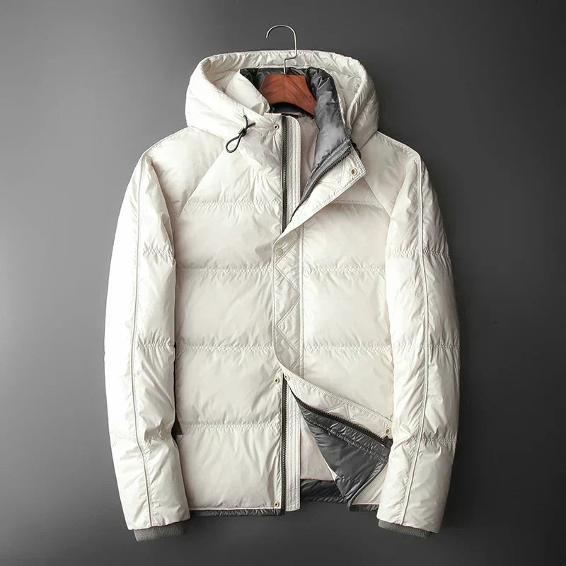 Street Wave Hooded Puffer Jacket With Orange Contrast Lining For Men Windproof Insulated Comfort