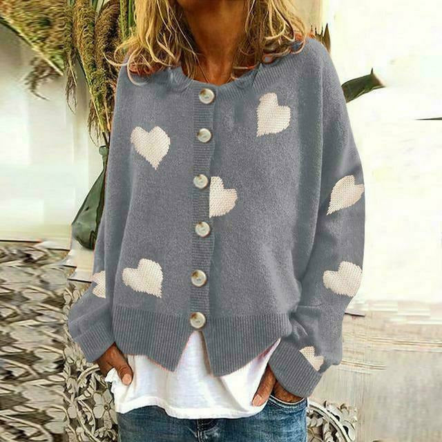 Heart Print Cardigan Street-Wave Cozy Cotton Cashmere Blend For Women All Season Warmth