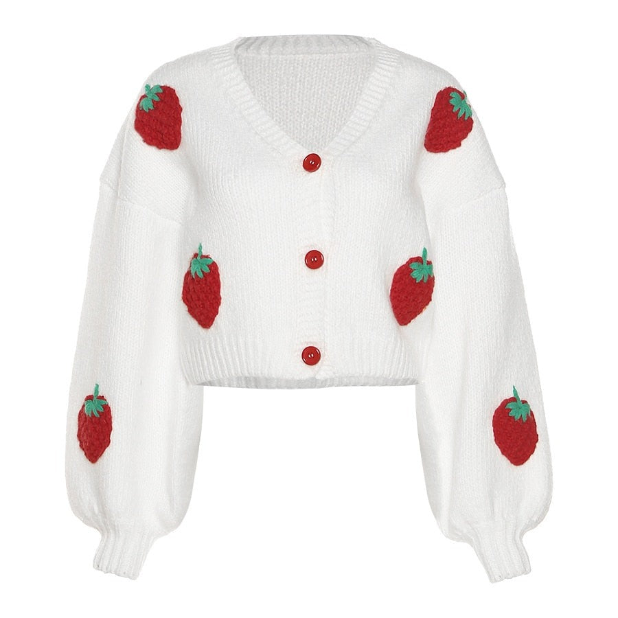 Street-wave Strawberry Embroidered Knit Cardigan For Women Soft White Jacket With Red Strawberries