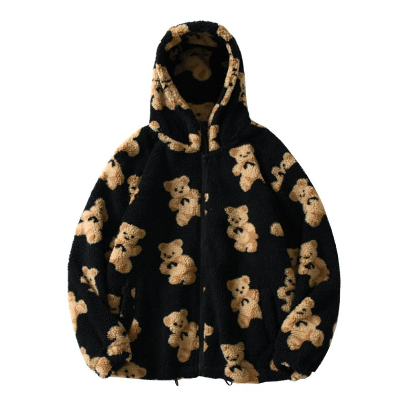 Street-wave Teddy Coat for Women Cozy Warm Faux Fur Outerwear With Heart Print Design