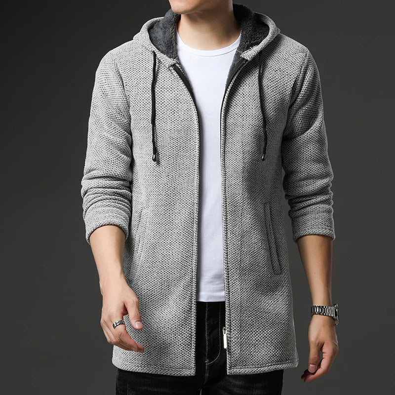 Street-Wave Finnian Chenille Wool Jacket For Men With Zip Front Fleece Lined Hood And Ribbed Cuffs